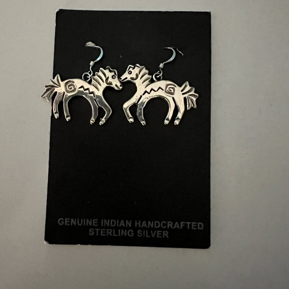 Unique Handcrafted Sterling Silver Navajo Aztec Horse Dangle Earrings NEW